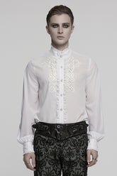 White Stand Collar Long Sleeves Ruffle Embroidery Men's Gothic Blouse